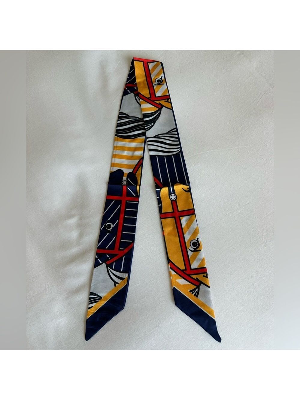 NAVY BLUE GOLD RED WHITE EQUESTRIAN HORSE SKINNY SCARF HANDBAG HANDLE WRAP TIE - Picture 5 of 7